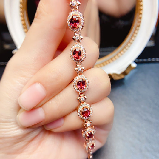 Natural Garnet Bracelet, S925 Silver Plated with Rose Gold