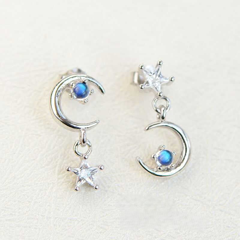 Natural Blue Moonstone Asymmetric Earrings, S925 Sterling Silver