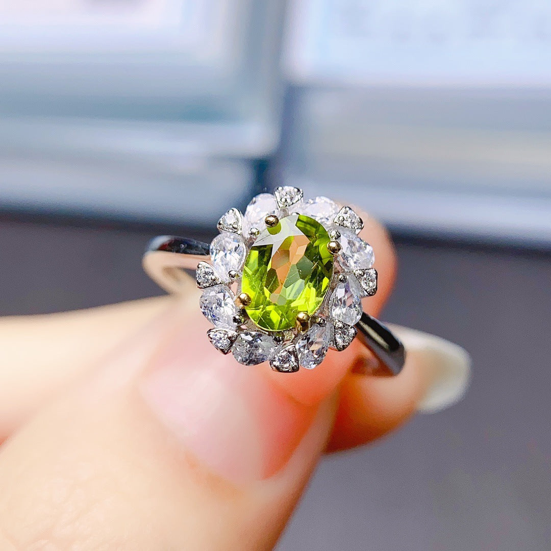 Natural Peridot Ring for Women, Set in S925 Sterling Silver, Main Stone 5*7mm