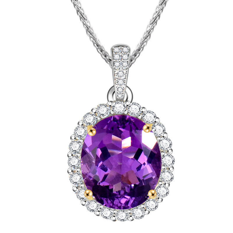 Natural Amethyst Pendant Necklace, S925 Silver Plated with Platinum