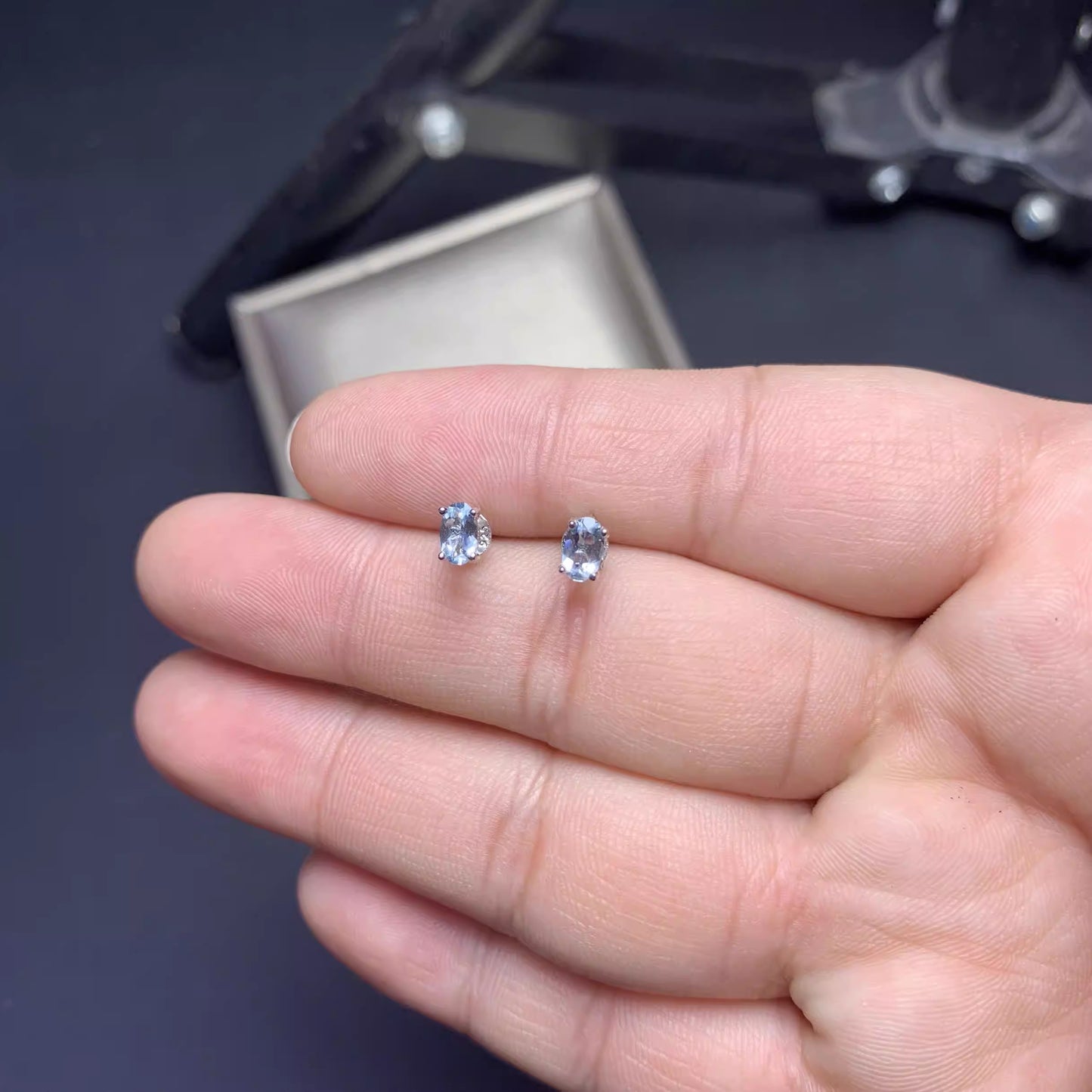 Natural Aquamarine Earrings, 925 Silver Plated with Platinum, 4-Prong Setting, 3*5mm