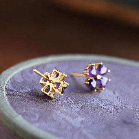 Natural Amethyst Sterling Silver Four-Leaf Clover Earrings