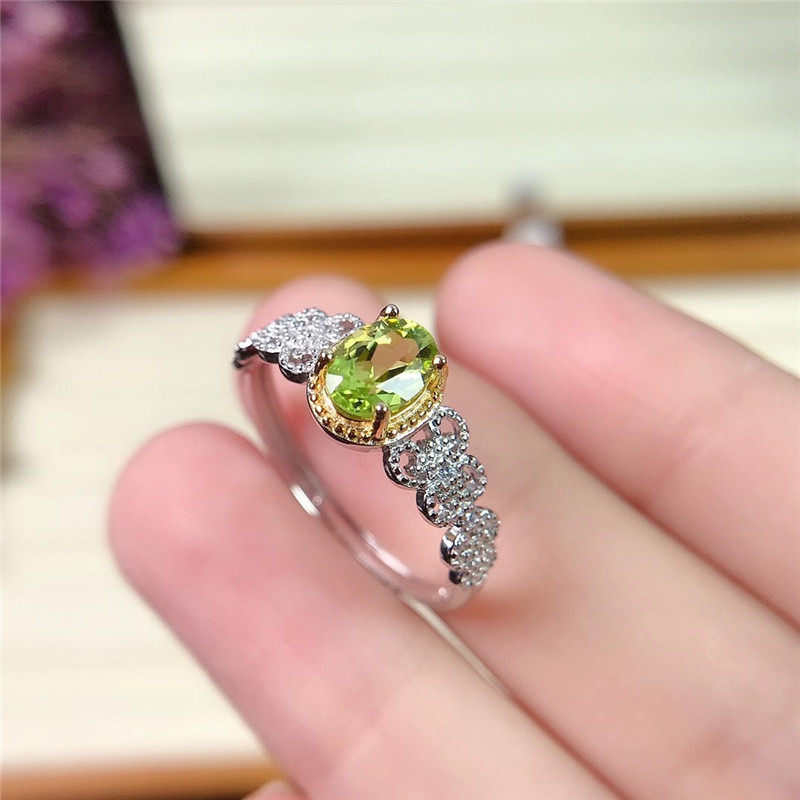 Natural Peridot Ring for Women, Set in S925 Sterling Silver, Main Stone 5*7mm