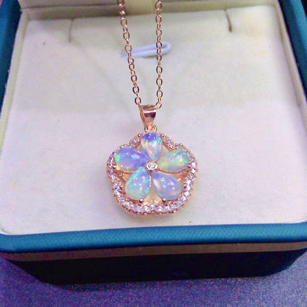 Natural Opal Floral Pendant Necklace, Set in S925 Silver