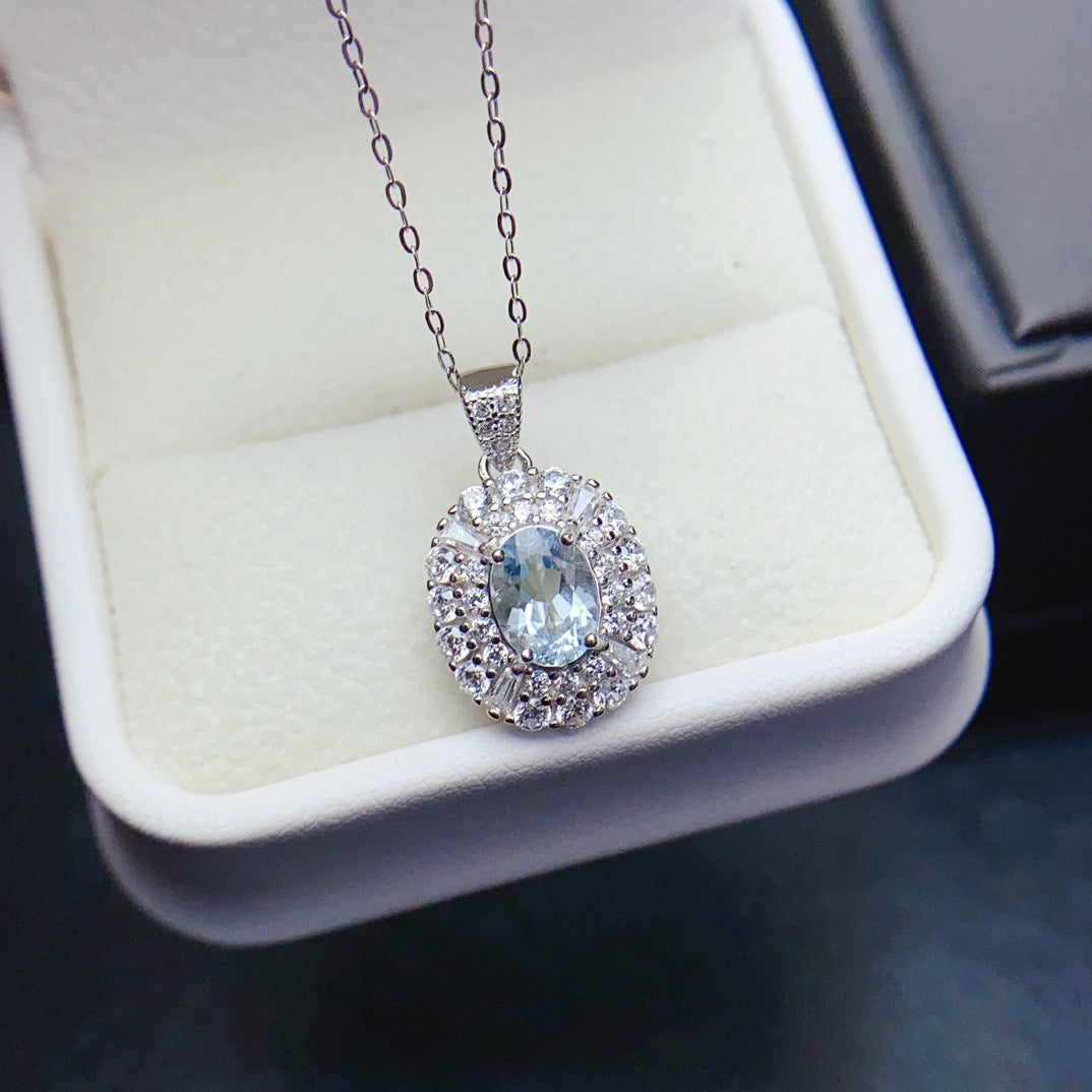 Natural Aquamarine Pendant Necklace, S925 Silver Plated with Platinum