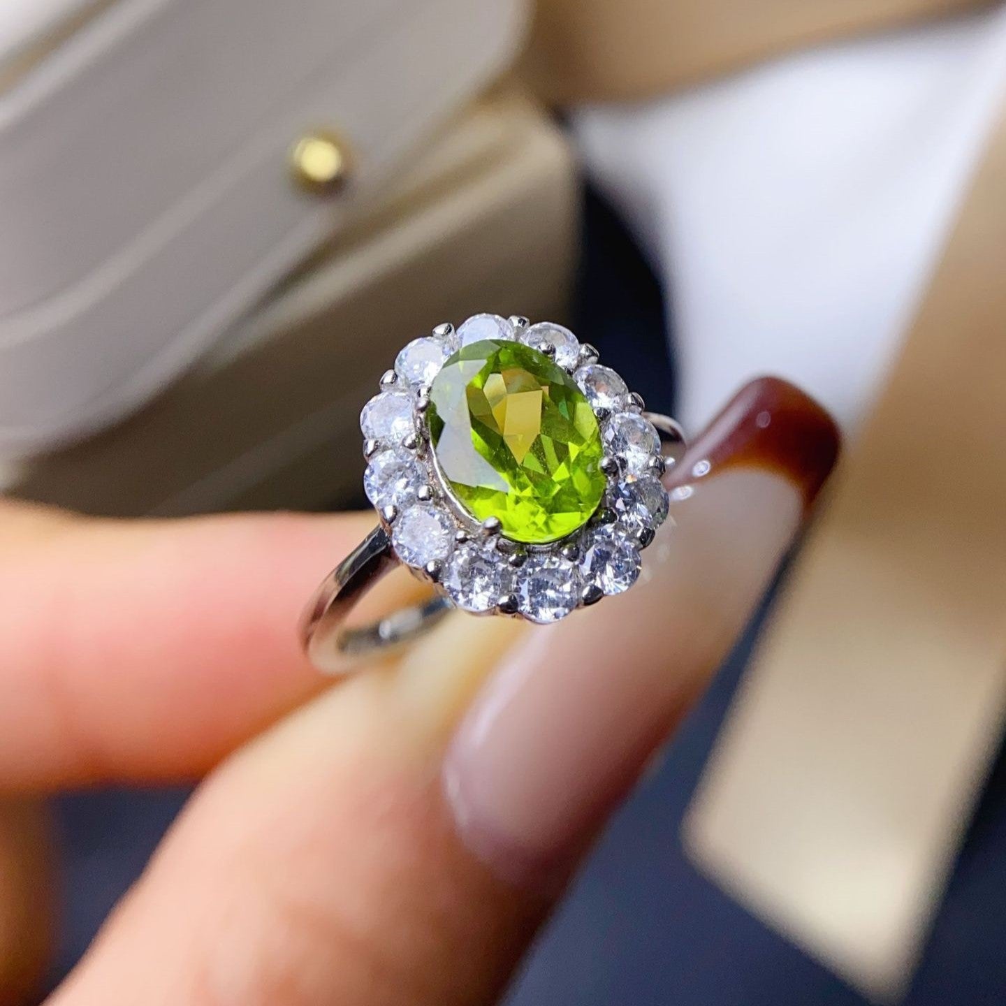 Natural Peridot Ring for Women, S925 Sterling Silver Setting, Main Stone 7*9mm