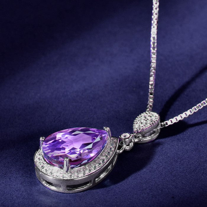 Natural Amethyst Pendant Necklace, S925 Silver Plated with Platinum