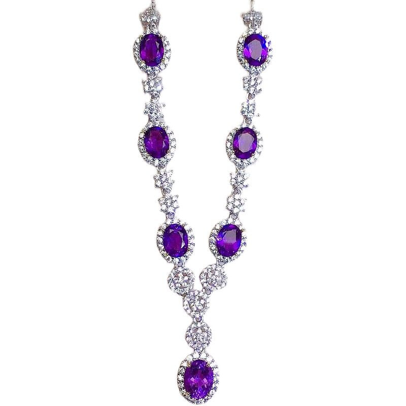Natural Amethyst Necklace, S925 Silver Plated with Platinum