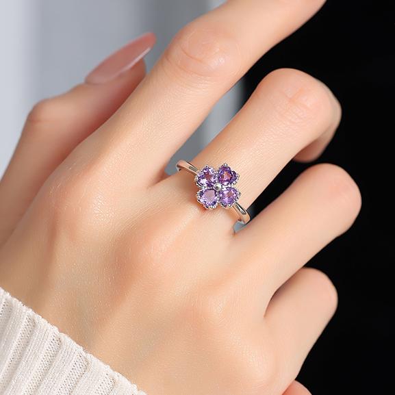 Natural Amethyst 925 Silver Ring Four Leaf Clover