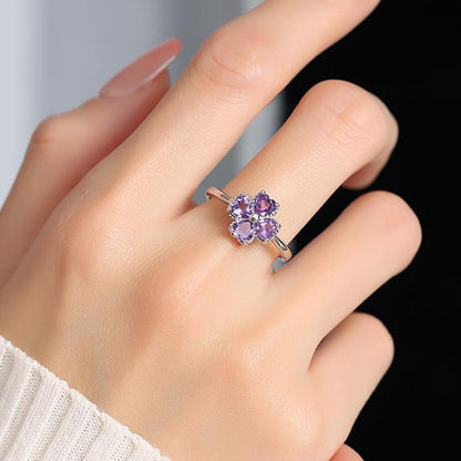 Natural Amethyst 925 Silver Ring Four Leaf Clover