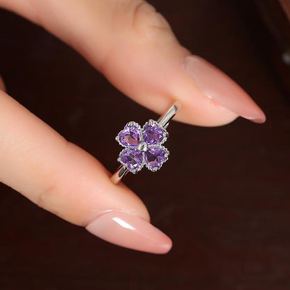 Natural Amethyst 925 Silver Ring Four Leaf Clover