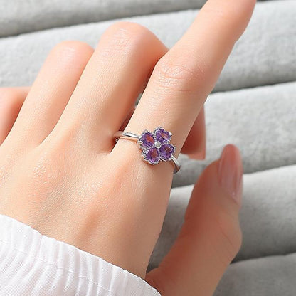 Natural Amethyst 925 Silver Ring Four Leaf Clover