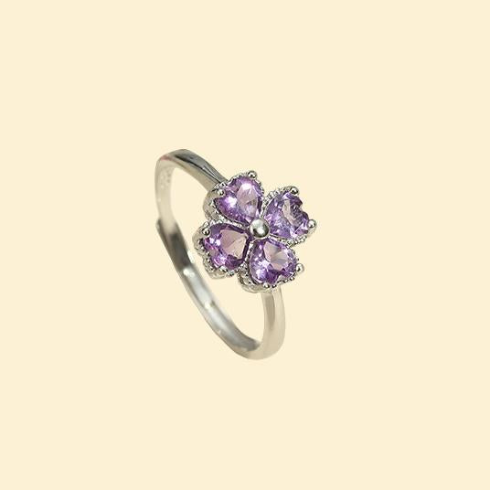 Natural Amethyst 925 Silver Ring Four Leaf Clover