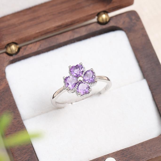 Natural Amethyst 925 Silver Ring Four Leaf Clover