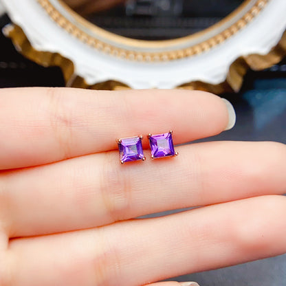 Natural Amethyst Earrings, 925 Silver with Gold Plating, 5x5mm