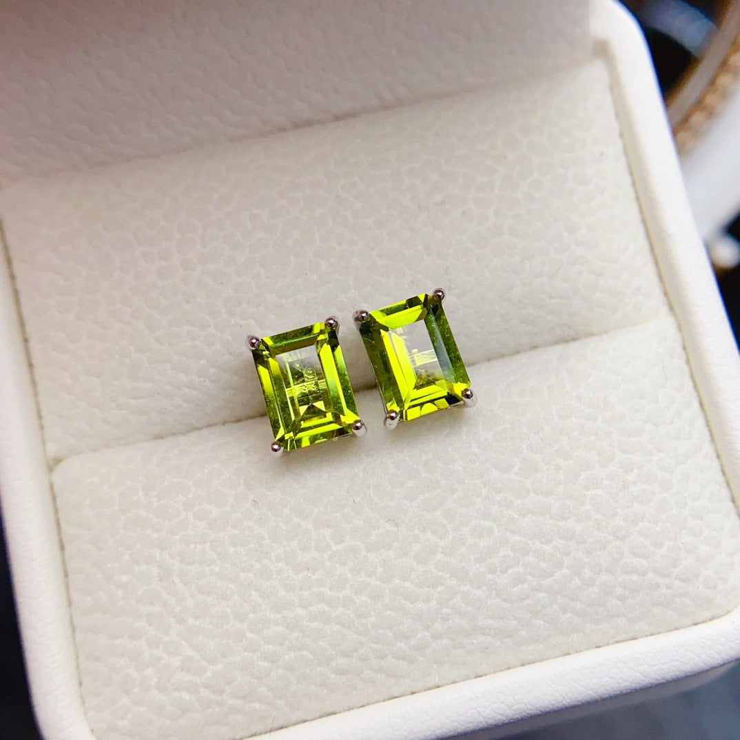 Natural Peridot Earrings, Set in S925 Silver, Main Stone 6x8mm
