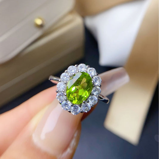 Natural Peridot Ring for Women, S925 Sterling Silver Setting, Main Stone 7*9mm