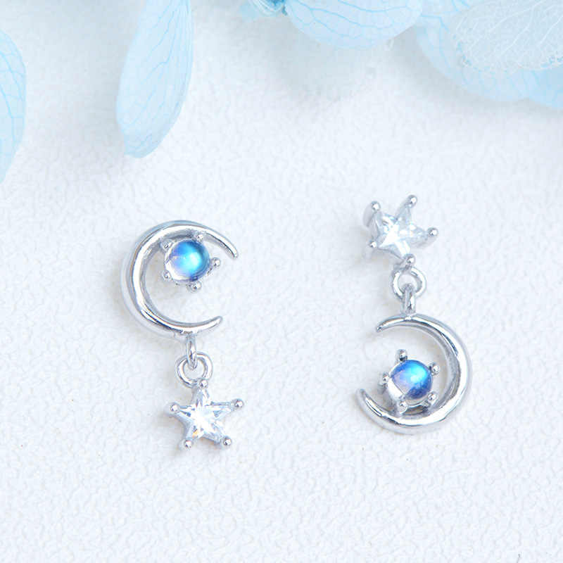 Natural Blue Moonstone Asymmetric Earrings, S925 Sterling Silver