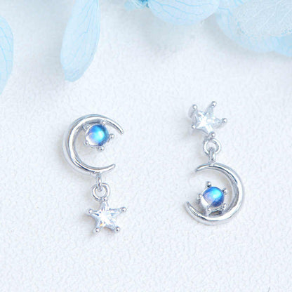 Natural Blue Moonstone Asymmetric Earrings, S925 Sterling Silver