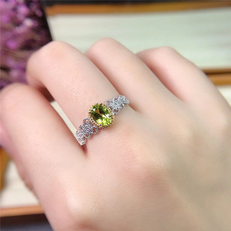 Natural Peridot Ring for Women, Set in S925 Sterling Silver, Main Stone 5*7mm