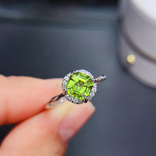 Natural Peridot Ring for Women, S925 Sterling Silver Setting, Main Stone 6*6mm