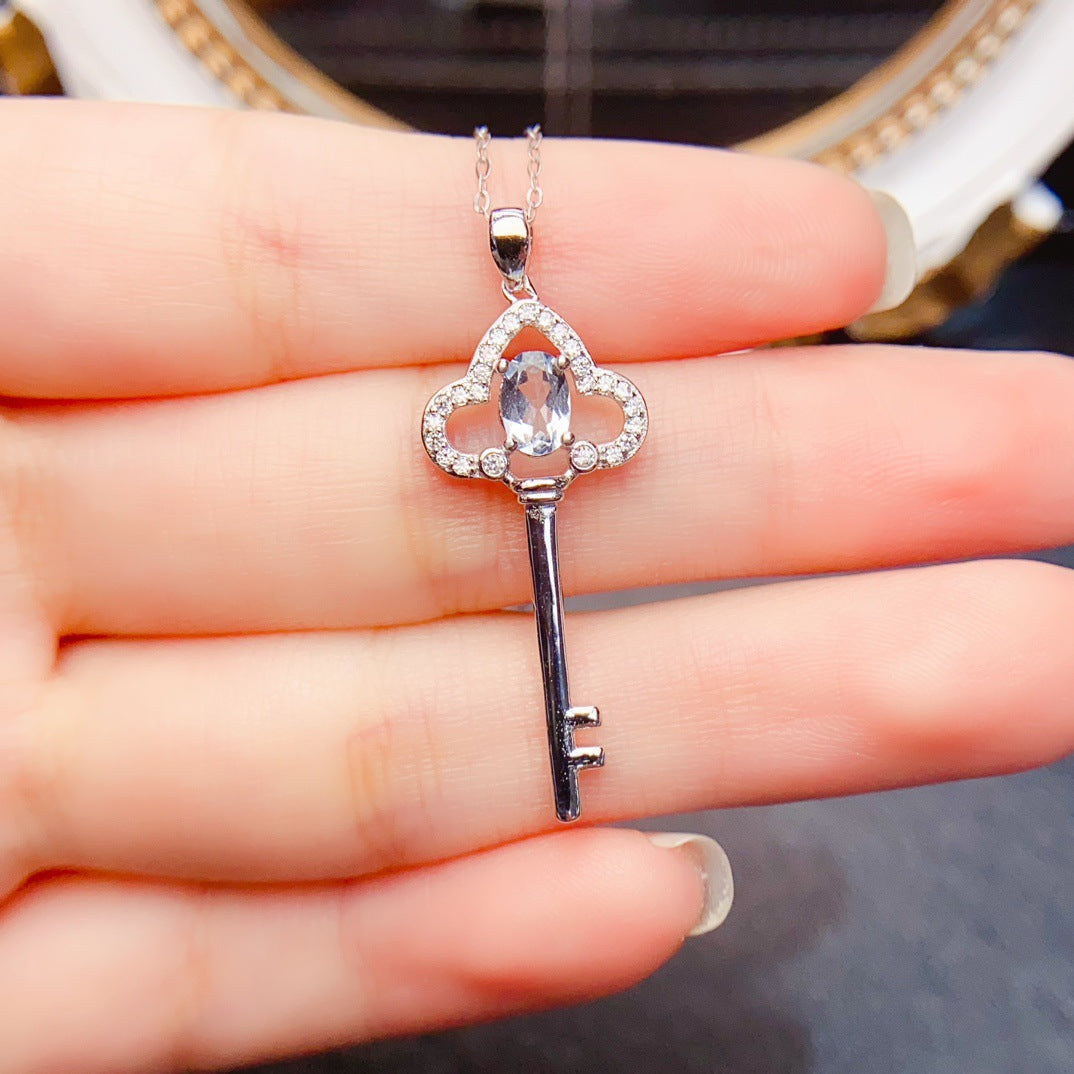 Natural Aquamarine Pendant Necklace, S925 Silver Plated with Platinum