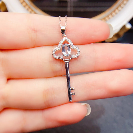 Natural Aquamarine Pendant Necklace, S925 Silver Plated with Platinum