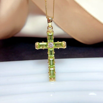 Natural Peridot Cross Pendant Necklace, Set in S925 Silver