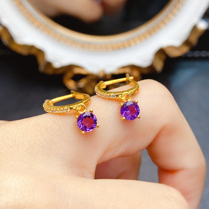 Natural Amethyst Earrings, 925 Silver with Gold Plating, 5x5mm