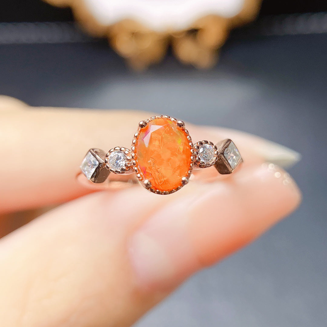 Natural Fire Opal Ring S925 Silver Setting, Main Stone 5*7mm