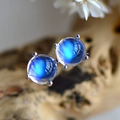 Natural Moonstone Earrings, Blue Sheen, S925 Sterling Silver, 4.2mm and 5.2mm