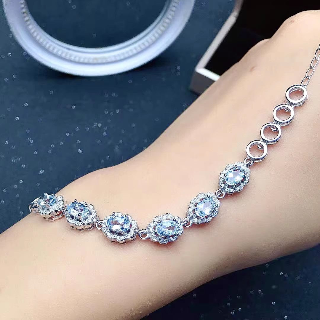 Natural Aquamarine Bracelet, S925 Sterling Silver Setting
