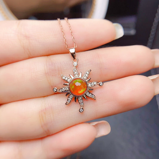 Natural Fire Opal Pendant Necklace, Set in S925 Silver