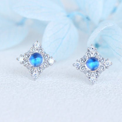 Natural Moonstone Earrings, Blue Sheen, S925 Sterling Silver, 3x3mm