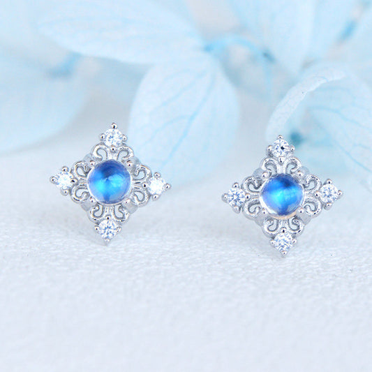 Natural Moonstone Earrings, Blue Sheen, S925 Sterling Silver, 3x3mm
