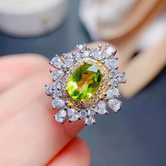 Natural Peridot Ring for Women, S925 Sterling Silver Setting, Main Stone 6*8mm