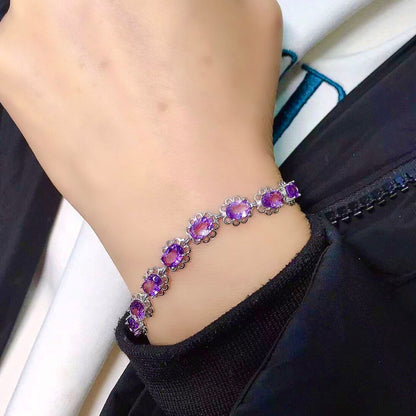 Natural Amethyst Bracelet, S925 Sterling Silver Setting