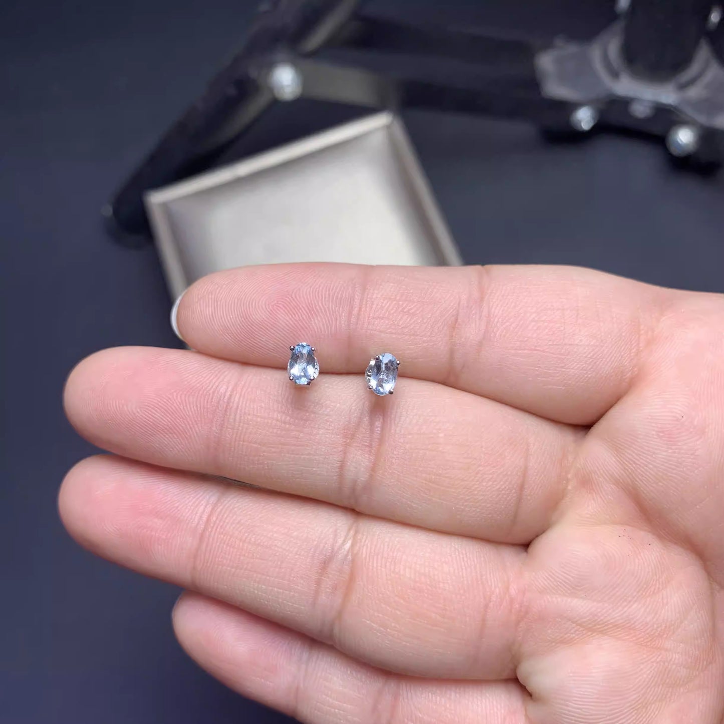 Natural Aquamarine Earrings, 925 Silver Plated with Platinum, 4-Prong Setting, 3*5mm