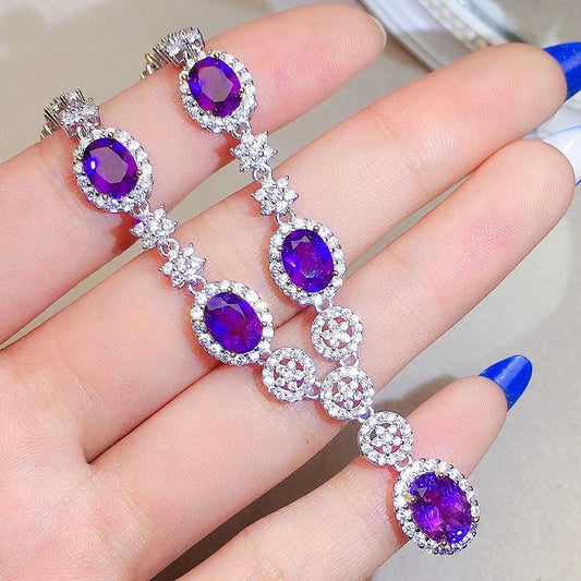 Natural Amethyst Necklace, S925 Silver Plated with Platinum