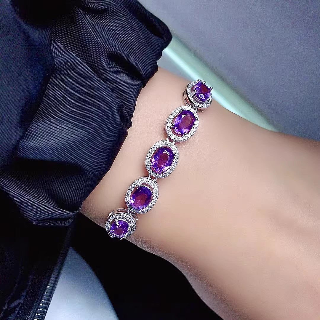 Natural Amethyst Bracelet, S925 Sterling Silver Setting