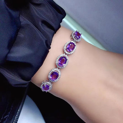 Natural Amethyst Bracelet, S925 Sterling Silver Setting