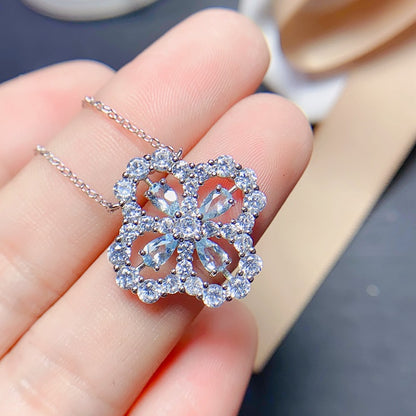 Natural Aquamarine Pendant Necklace, S925 Silver Plated with Platinum