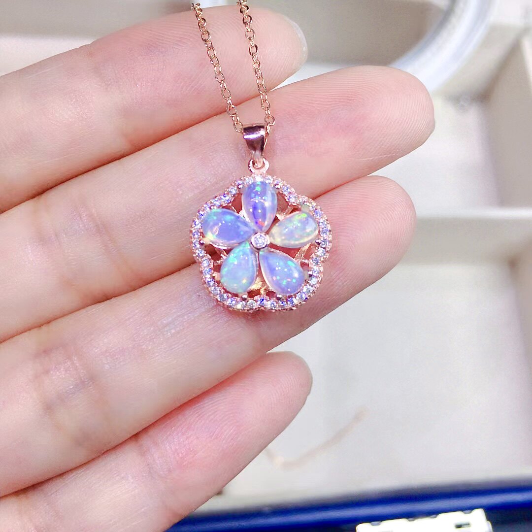 Natural Opal Floral Pendant Necklace, Set in S925 Silver