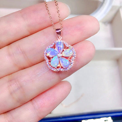 Natural Opal Floral Pendant Necklace, Set in S925 Silver