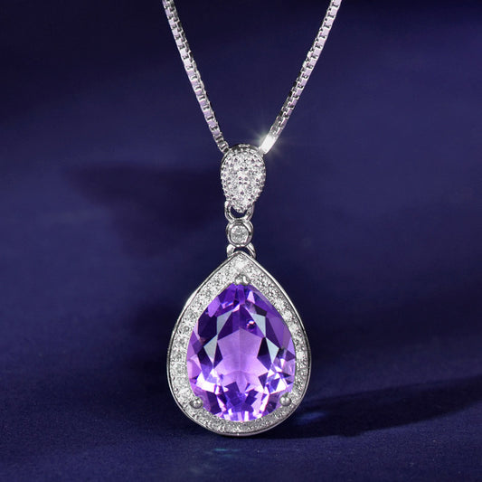 Natural Amethyst Pendant Necklace, S925 Silver Plated with Platinum