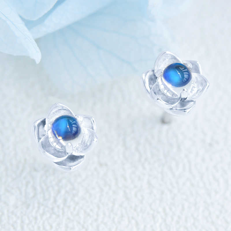 Natural Moonstone Earrings, Blue Sheen, S925 Sterling Silver, 3x3mm