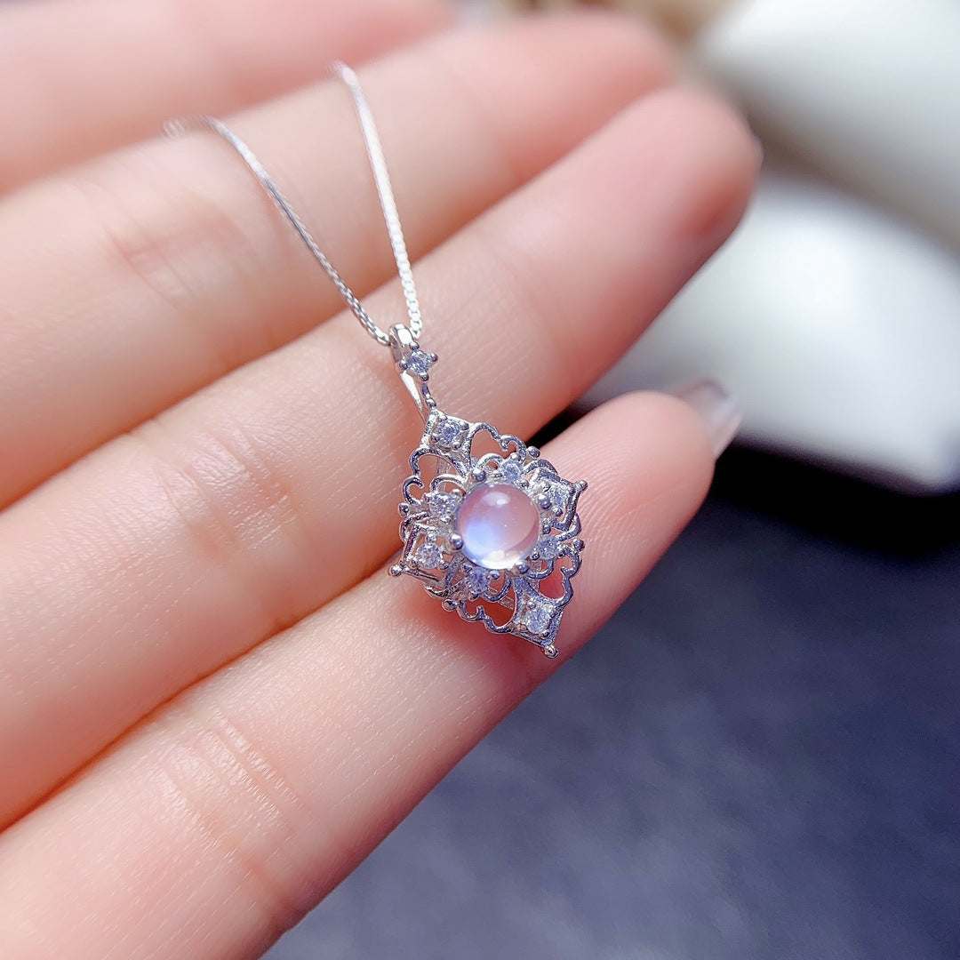 Natural Moonstone Pendant Necklace, S925 Silver Plated with Platinum