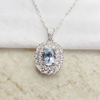 Natural Aquamarine Pendant Necklace, S925 Silver Plated with Platinum