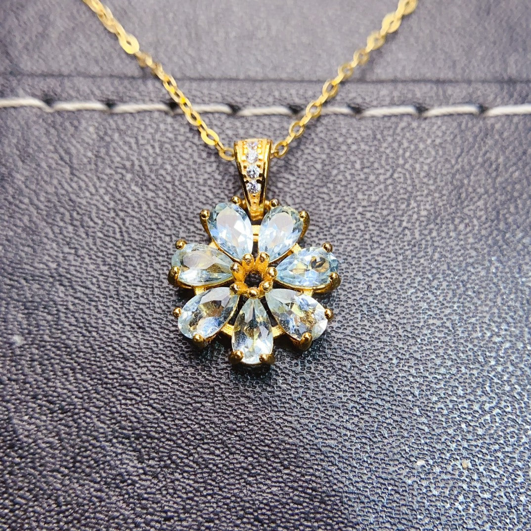 Natural Aquamarine Pendant Necklace, S925 Silver Plated with Gold