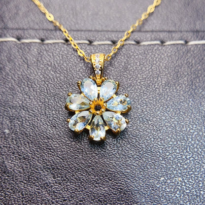 Natural Aquamarine Pendant Necklace, S925 Silver Plated with Gold
